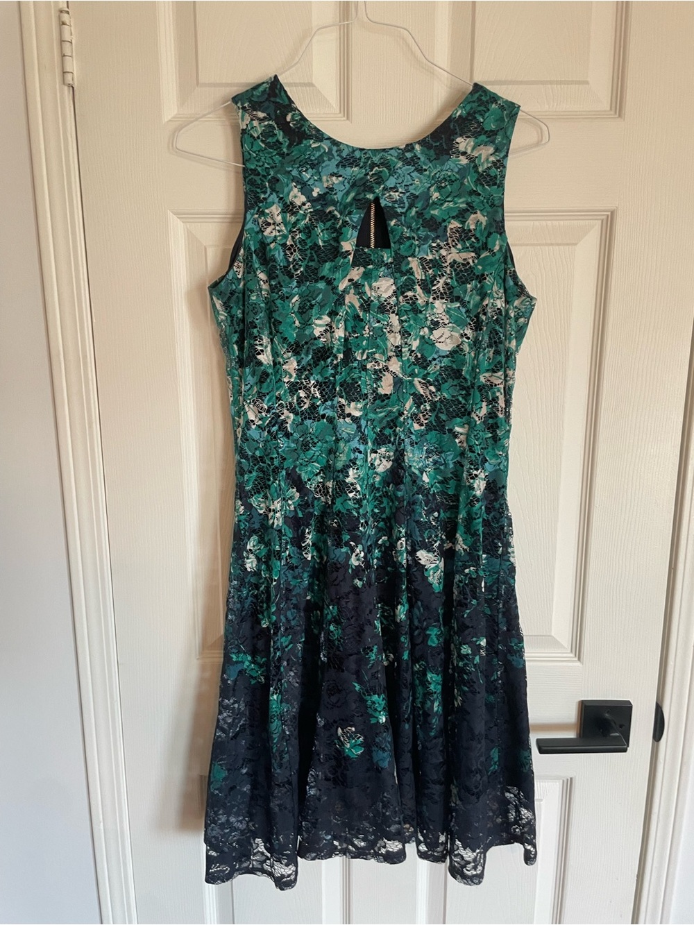 Gabby Skye Teal, Navy and White Floral Lace Midi Dress